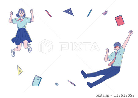 笑顔でジャンプする男女の学生と勉強道具 115618058