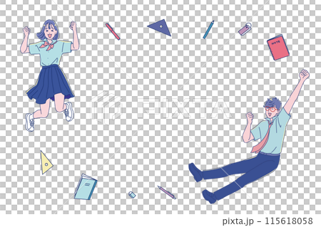 男女學生帶著微笑和學習工具跳躍 115618058