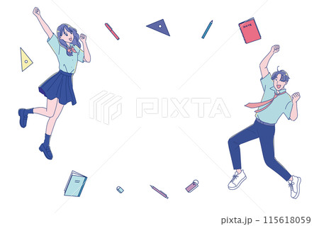 笑顔でジャンプする男女の学生と勉強道具 115618059