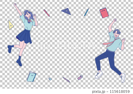 男女學生帶著微笑和學習工具跳躍 115618059