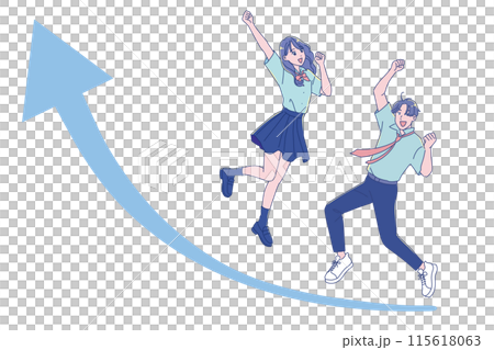 Male and female students in summer uniforms jumping energetically 115618063