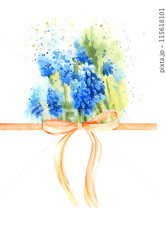 Watercolor template with spring blue flowers and green leaves and beige bow with ribbons, primroses, blue and cyan snowdrops, hyacinths, first flowers, for spring, wedding decoration 115618101