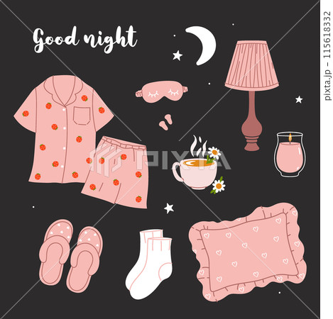 A set of items for a cozy bedtime. Vector graphics. A set of items for a cozy bedtime. Vector graphics. 115618332