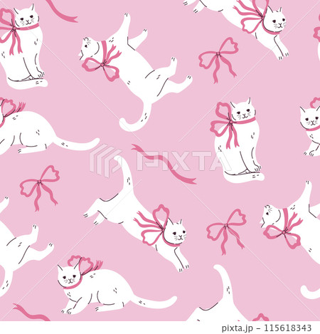 Seamless pattern with cute white cats with pink bows. Vector graphics. Seamless pattern with cute white cats with pink bows. Vector graphics. 115618343
