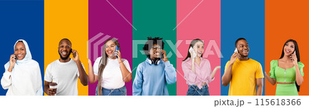 Communication concept. Collage of multiracial diverse people using smartphones, have conversation, calling, multicultural young men and women with phones isolated on color background, banner Communication concept. Collage of multiracial diverse people using smartphones, have conversation, calling, multicultural young men and women with phones isolated on color background, banner 115618366