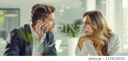 Business people colleagues discussing a new project together talking at a meeting in an office 115618503