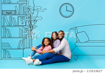 Cheerful millennial african american mom and dad hug little girl, creation design of interior, on blue studio background, with abstract drawn furniture in living room. Family dreams of buy own home Cheerful millennial african american mom and dad hug little girl, creation design of interior, on blue studio background, with abstract drawn furniture in living room. Family dreams of buy own home 115618627