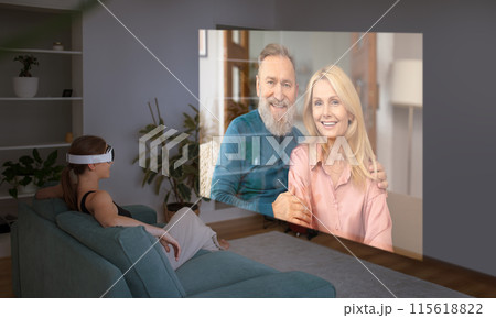 Connected By Virtual Reality. Young Woman Wearing VR Headset Looking At Screen With Her Senior Parents, Communicating Remotely Online Sitting In Modern Living Room At Home, Collage 115618822