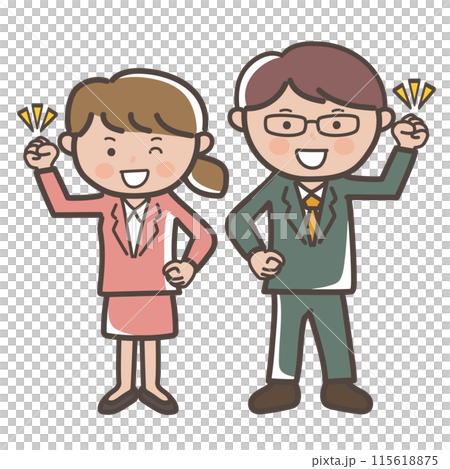 Full-body illustration of motivated young male and female office workers with fist pumps Full-body illustration of motivated young male and female office workers with fist pumps 115618875