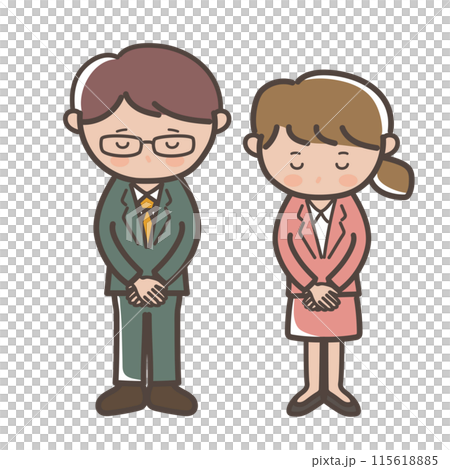 頭を下げて謝る若い男女会社員の全身イラスト 頭を下げて謝る若い男女会社員の全身イラスト 115618885