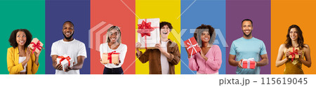 Christmas, xmas, New Year, birthday, Valentine, anniversary celebration concept. Cheerful multicultural millennials holding gift boxes, happy diverse young men and women with presents, collage 115619045