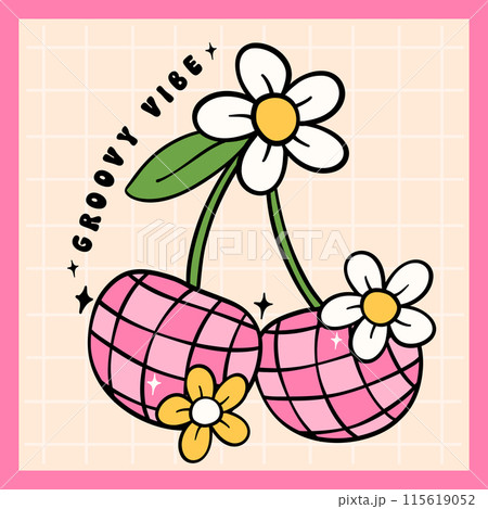 Retro groovy dico ball pink cherries with flower doodle line drawing 115619052