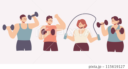 Happy exercising cartoon character set 115619127