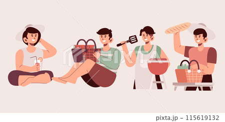 Outdoor picnic activity modern characters set 115619132