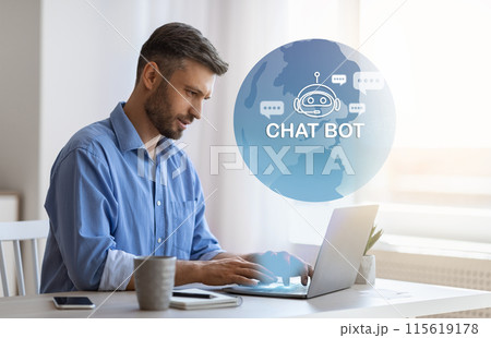 Handsome bearded millennial man independent contractor freelancer sitting at desk, using chatbot on laptop at home. Artificial intelligence in business, AI technologies, collage 115619178