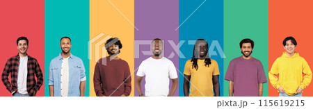Diversity And Variety Concept. Creative composite collage series of optimistic multicultural men smiling on colorful studio backgrounds. Headshot portraits of multiracial guys, male photoshoot 115619215