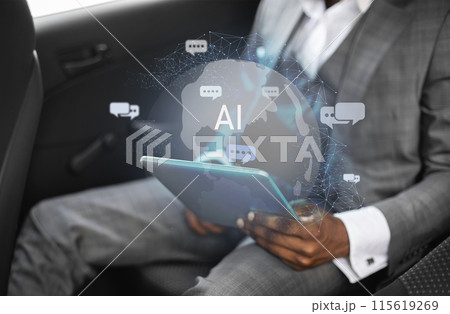 Business technology, chatbot and business concept. Cropped of black businessman sitting in car, working on digital tablet, chatting with AI, looking for creative solutions, collage Business technology, chatbot and business concept. Cropped of black businessman sitting in car, working on digital tablet, chatting with AI, looking for creative solutions, collage 115619269