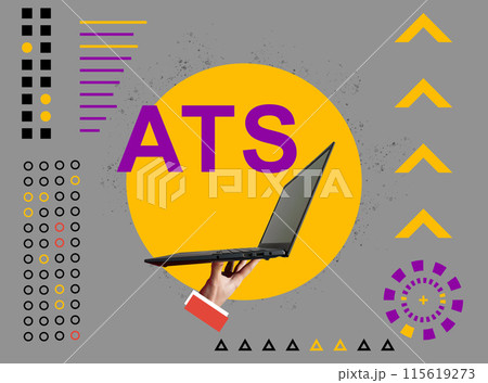 Applicant Tracking System ATS concept. Collage with a hand holding a laptop. 115619273