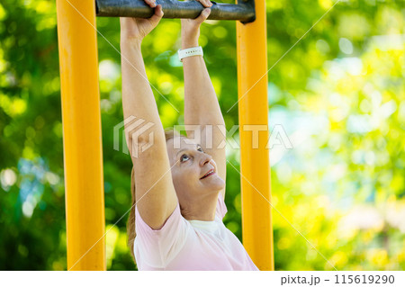 Elderly woman exercising. Fit senior lady running. Elderly woman exercising. Fit senior lady running. 115619290