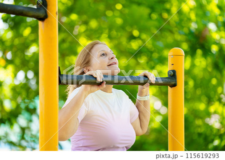 Elderly woman exercising. Fit senior lady running. Elderly woman exercising. Fit senior lady running. 115619293