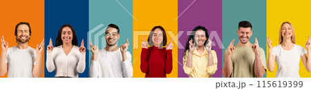 Human emotions and gestures concept. Excited superstitious multicultural millennial men and women with closed eyes crossing fingers over colorful backgrounds, collage, banner Human emotions and gestures concept. Excited superstitious multicultural millennial men and women with closed eyes crossing fingers over colorful backgrounds, collage, banner 115619399