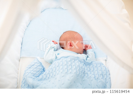 Newborn baby boy in white bassinet 115619454