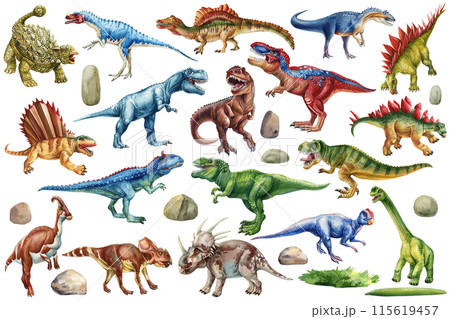 Realistic Dinosaur isolated. Hand drawing watercolor dinosaurs set. Dino clipart. Different reptiles prehistoric period Realistic Dinosaur isolated. Hand drawing watercolor dinosaurs set. Dino clipart. Different reptiles prehistoric period 115619457