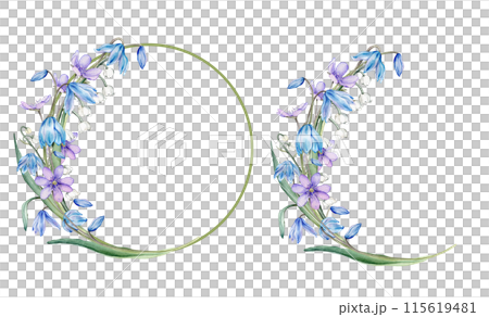 Watercolor spring floral illustration. Flower wreath with blue snowdrops or scillas and lilies of the valley isolated on white background. Handmade flowers coppice for wedding anniversary invitations. 115619481