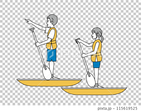 SUP 一對年輕夫婦享受 SUP 的插圖 115619525