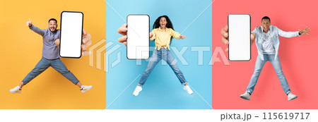 Glad excited young asian, black guys and arab woman jumping from joy and show phone with empty screen, isolated on colored background, collage. Great advice, offer and digital ad, new app, panorama Glad excited young asian, black guys and arab woman jumping from joy and show phone with empty screen, isolated on colored background, collage. Great advice, offer and digital ad, new app, panorama 115619717