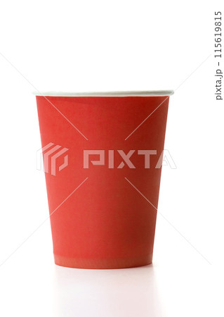 Red paper cup isolated on white background, close-up 115619815