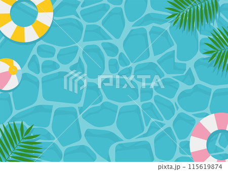 浮き輪やビーチボールが浮かぶ水色の水面のイラスト_横向き 浮き輪やビーチボールが浮かぶ水色の水面のイラスト_横向き 115619874