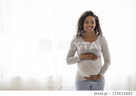 Expecting A Baby. Portrait Of Happy Black Pregnant Lady Tenderly Touching Belly Near Window At Home, Beautiful African American Awaiting Mother Embracing Tummy And Smiling, Enjoying Pregnancy Time Expecting A Baby. Portrait Of Happy Black Pregnant Lady Tenderly Touching Belly Near Window At Home, Beautiful African American Awaiting Mother Embracing Tummy And Smiling, Enjoying Pregnancy Time 115619883