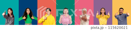 Collection of studio portraits of positive cheerful multiracial millennials showing thumb ups and smiling isolated on colorful background, collage, banner. Gesture, like, recommend concept Collection of studio portraits of positive cheerful multiracial millennials showing thumb ups and smiling isolated on colorful background, collage, banner. Gesture, like, recommend concept 115620021