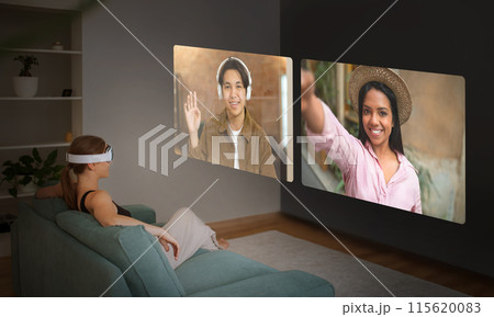 Virutal Communication. Diverse Young People Communicating Making Video Call Via Virtual Reality Headset, Lady In VR Glasses Talking To Friends On Screen Sitting At Home. Collage 115620083