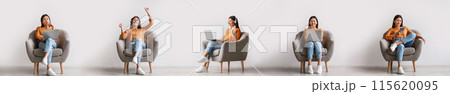 Online Work And Leisure. Collage With Asian Woman Using Laptop Computer And Smartphone, Browsing Internet, Working And Learning Sitting In Armchair Over White Wall Indoor. Panorama Online Work And Leisure. Collage With Asian Woman Using Laptop Computer And Smartphone, Browsing Internet, Working And Learning Sitting In Armchair Over White Wall Indoor. Panorama 115620095
