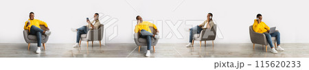 Gadgets Lifestyle. Set Of African American Guy Talking And Texting Via Phone And Using Laptop Computer For Remote Work Sitting In Armchair On White Studio Background. Collage, Panorama Gadgets Lifestyle. Set Of African American Guy Talking And Texting Via Phone And Using Laptop Computer For Remote Work Sitting In Armchair On White Studio Background. Collage, Panorama 115620233