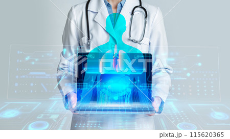 Artificial Intelligence AI in Healthcare Concept. Cropped of woman doctor showing pc computer laptop with human body holgram, double exposure, collage Artificial Intelligence AI in Healthcare Concept. Cropped of woman doctor showing pc computer laptop with human body holgram, double exposure, collage 115620365