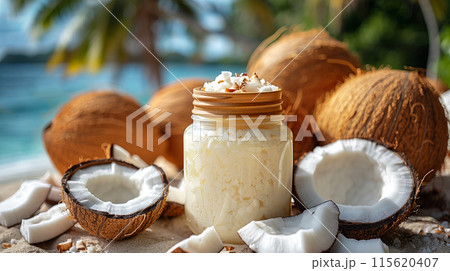 Close up of jar of coconut oil among whole split coconuts against background of palm tree beach 115620407