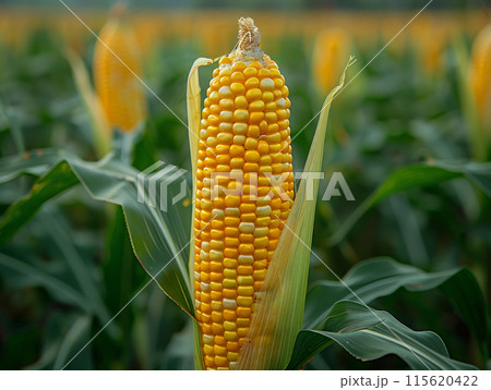 Close up one ear of corn husk partially removed, showing bright yellow kernels, corn harvest concept 115620422