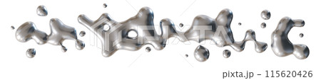 Dynamic silver liquid splashes, isolated on white background. Futuristic, metallic fluid. Flowing, molten metal. Cut out wide graphic design element, can be used as divider, footer or header. Y2k. 3D. 115620426