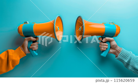 Two hands holding megaphones facing each other confrontational position against neutral background Two hands holding megaphones facing each other confrontational position against neutral background 115620659