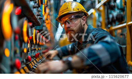 Detailed view worker uniform industrial plant, makes survey, checking equipment against background Detailed view worker uniform industrial plant, makes survey, checking equipment against background 115620677