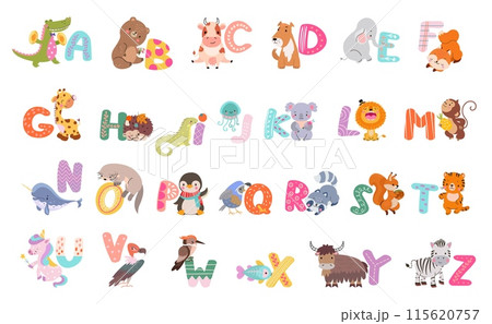 Zoo alphabet. Capital letters and cartoon animals. Lion giraffe otter hedgehog and raccoon. Cute unicorn tiger and squirrel. Childish nowaday vector set Zoo alphabet. Capital letters and cartoon animals. Lion giraffe otter hedgehog and raccoon. Cute unicorn tiger and squirrel. Childish nowaday vector set 115620757