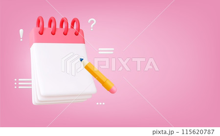 3d notebook with pencil. Empty white pages, news ideas or education. Calendar mockup template, render realistic banner design. Vector illustration 115620787