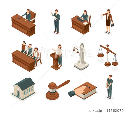 Isometric law elements. Lawyer and judge, witness testifies and jury. Femida statue, oath on book and judges gavel. Courthouse 3d flawless vector set 115620794