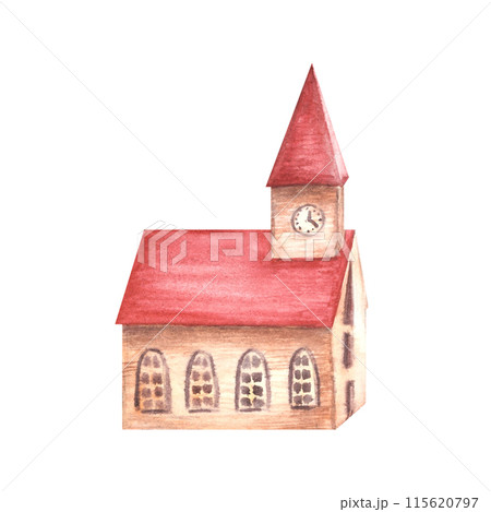 Wooden house, church with red roof retro toy. Christmas fir tree traditional Germany decorations Watercolor vintage hand painted illustration Clipart for sticker, greeting card on isolated background Wooden house, church with red roof retro toy. Christmas fir tree traditional Germany decorations Watercolor vintage hand painted illustration Clipart for sticker, greeting card on isolated background 115620797
