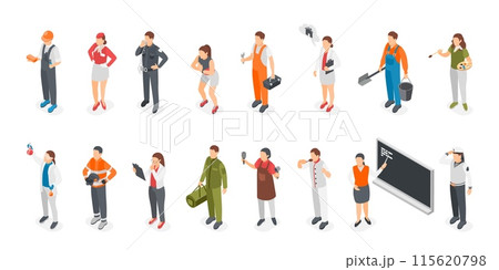 Isometric different professionals. People wear uniform, workers in various professions. Teacher and scientist, chef and seaman, flawless vector set Isometric different professionals. People wear uniform, workers in various professions. Teacher and scientist, chef and seaman, flawless vector set 115620798