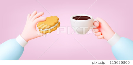 Coffee breakfast 3d concept. Espresso americano and biscuit. Hands hold white cup and cookies with praline. Render realistic pithy vector food banner Coffee breakfast 3d concept. Espresso americano and biscuit. Hands hold white cup and cookies with praline. Render realistic pithy vector food banner 115620800