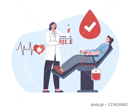 Donor character. Young man on medical chair and nurse with blood test tube. Donation concept, support and healthcare. Volunteer kicky vector scene Donor character. Young man on medical chair and nurse with blood test tube. Donation concept, support and healthcare. Volunteer kicky vector scene 115620802